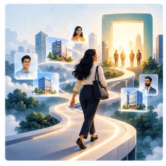 Professional journey toward opportunity along a glowing path
