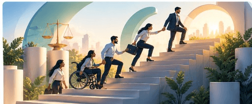 Inclusive team advancing together toward a brighter career horizon