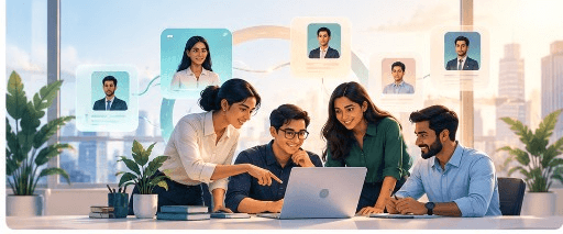 Diverse team collaborating around technology in a modern office