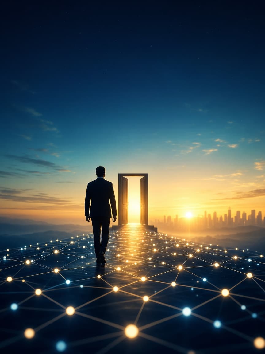 Career journey — a professional crossing a bridge of light toward opportunity at sunrise