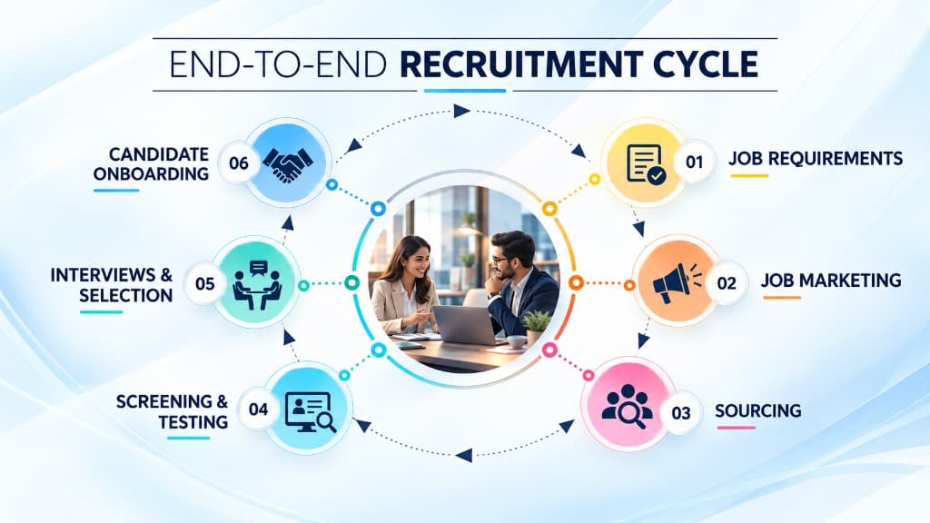 End-to-end recruitment cycle diagram with six steps around a central hub