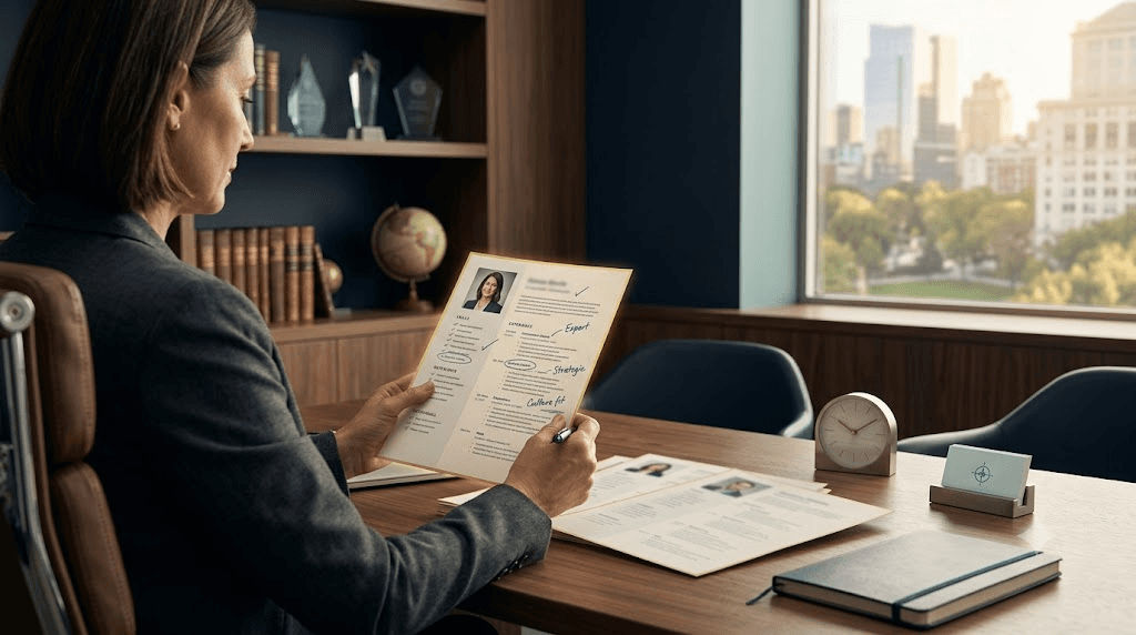 Recruiter reviewing a candidate profile with expert and culture-fit judgment