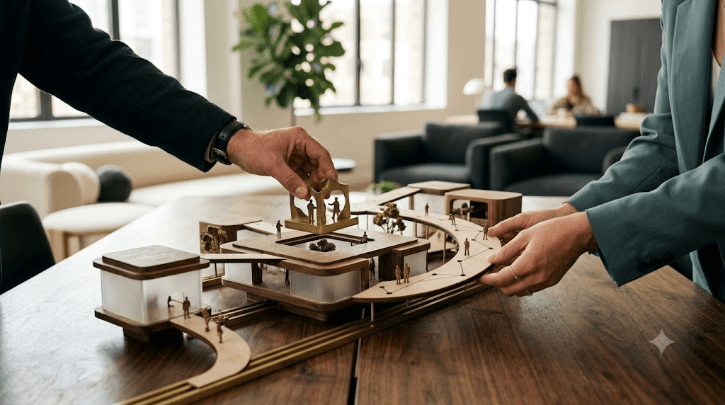Hands placing a partnership piece on a strategic hiring model